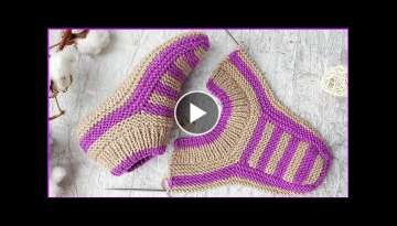 House footprints with knitting needles - Simple slippers with no seams on the sole