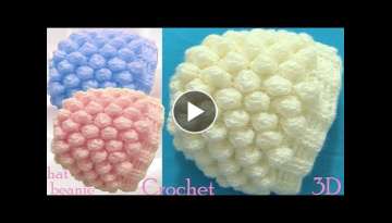 Gorro a Crochet en punto 3D copos o bolas de nieve tejido tallermanualperu Gorro a Crochet en punto 3D copos o bolas de nieve tejido tallermanualperu